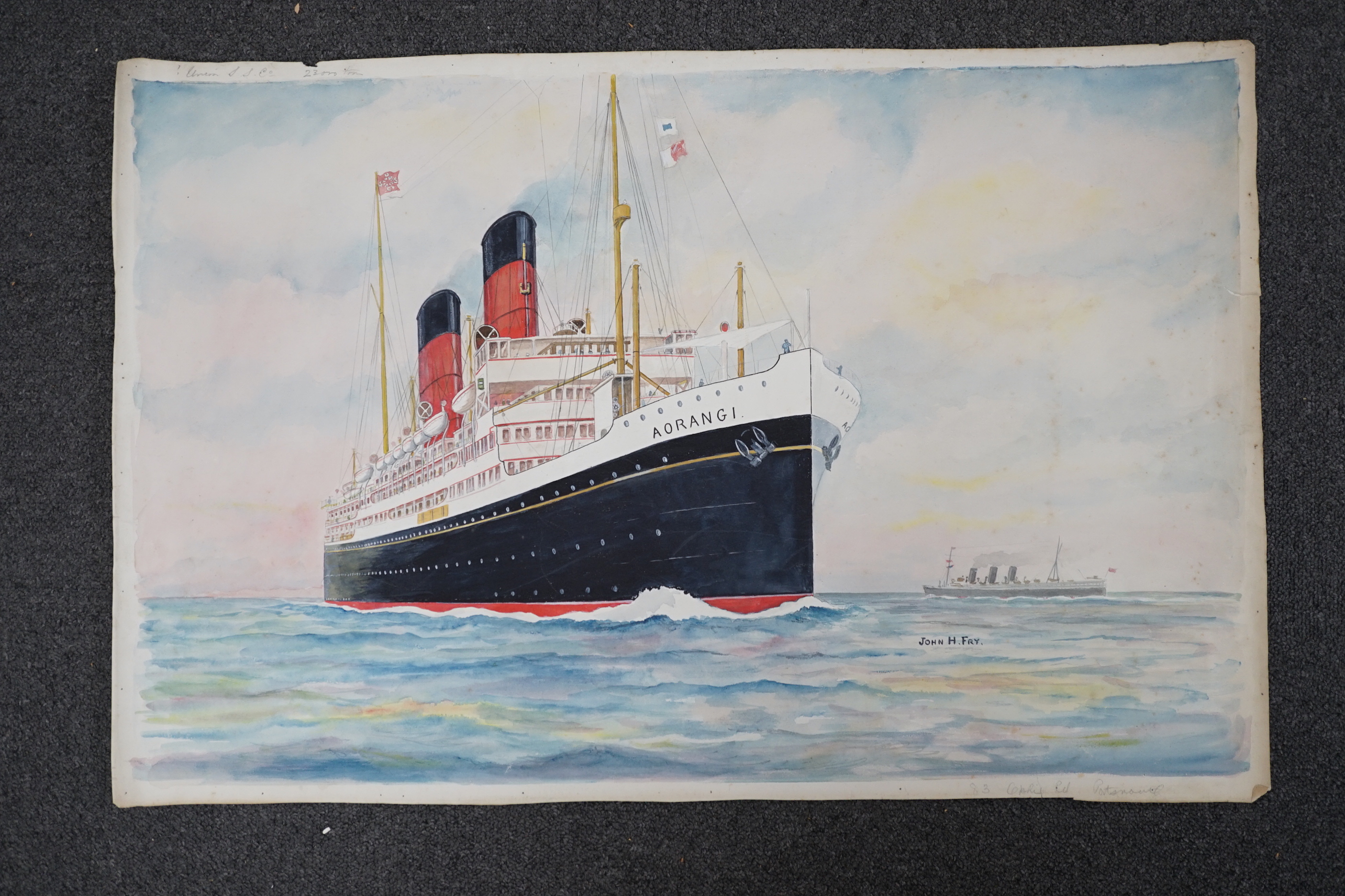 John Hemming Fry (American 1860-1946), four watercolours, Ocean Liners, signed, produced as postcard designs, 48 x 72cm, unframed